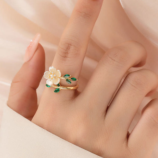 Buddha Stones Pearl Flower Zircon Leaves Happiness Wealth Adjustable Ring