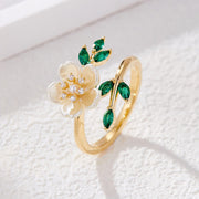 Buddha Stones Pearl Flower Zircon Leaves Happiness Wealth Adjustable Ring