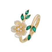 Buddha Stones Pearl Flower Zircon Leaves Happiness Wealth Adjustable Ring