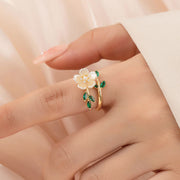 FREE Today: Happiness and Wealth Pearl Flower Zircon Leaves Adjustable Ring