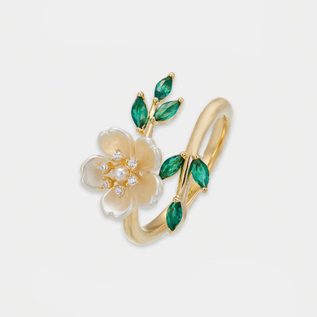 FREE Today: Happiness and Wealth Pearl Flower Zircon Leaves Adjustable Ring