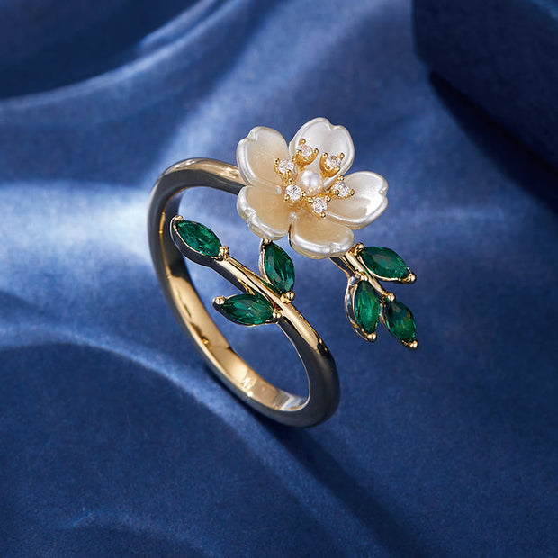 FREE Today: Happiness and Wealth Pearl Flower Zircon Leaves Adjustable Ring