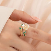 FREE Today: Happiness and Wealth Pearl Flower Zircon Leaves Adjustable Ring