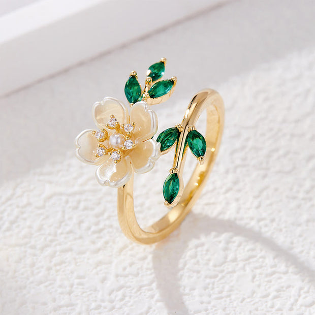 FREE Today: Happiness and Wealth Pearl Flower Zircon Leaves Adjustable Ring