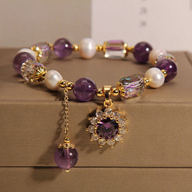 Buddha Stones Natural Amethyst Pearl Sunflower Communication Bracelet