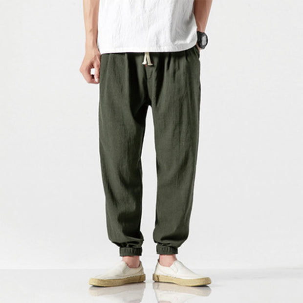 Buddha Stones Simple Drawstring Design  Linen Men's Pants With Pockets