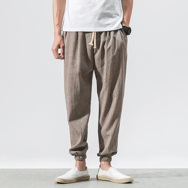 Buddha Stones Simple Drawstring Design  Linen Men's Pants With Pockets