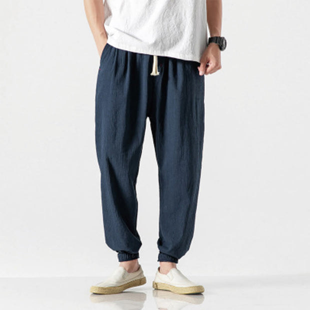 Buddha Stones Simple Drawstring Design  Linen Men's Pants With Pockets