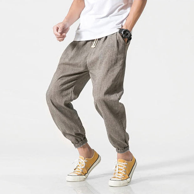 Buddha Stones Simple Drawstring Design  Linen Men's Pants With Pockets