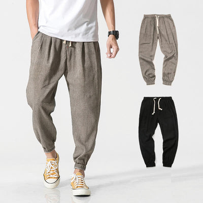 Buddha Stones Simple Drawstring Design Linen Men's Pants With Pockets