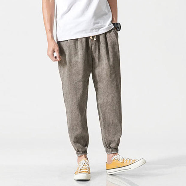 Buddha Stones Simple Drawstring Design  Linen Men's Pants With Pockets