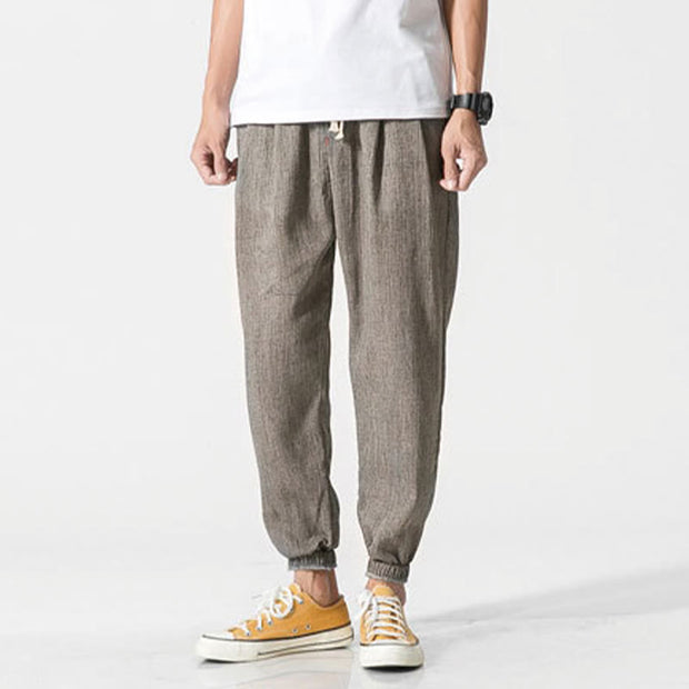 Buddha Stones Simple Drawstring Design  Linen Men's Pants With Pockets