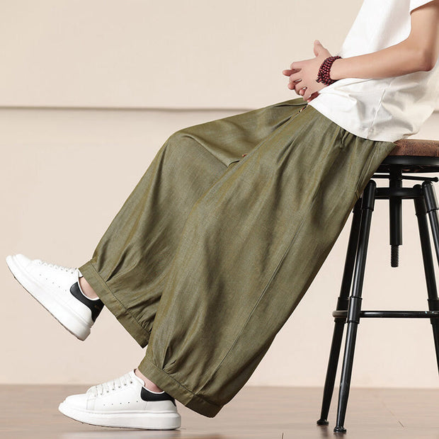 Buddha Stones Spring Solid Color Cotton Drawstring Men's Wide Leg Pants With Pockets