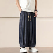 Buddha Stones Spring Solid Color Cotton Drawstring Men's Wide Leg Pants With Pockets