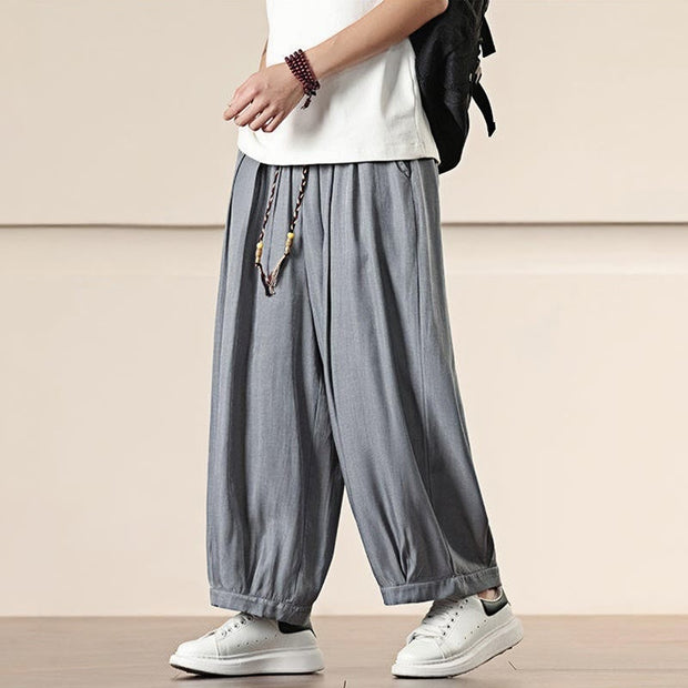 Buddha Stones Spring Solid Color Cotton Drawstring Men's Wide Leg Pants With Pockets