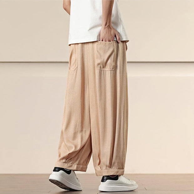 Buddha Stones Spring Solid Color Cotton Drawstring Men's Wide Leg Pants With Pockets