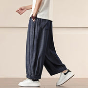 Buddha Stones Spring Solid Color Cotton Drawstring Men's Wide Leg Pants With Pockets