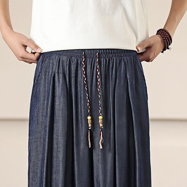 Buddha Stones Spring Solid Color Cotton Drawstring Men's Wide Leg Pants With Pockets