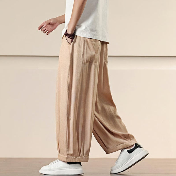 Buddha Stones Spring Solid Color Cotton Drawstring Men's Wide Leg Pants With Pockets