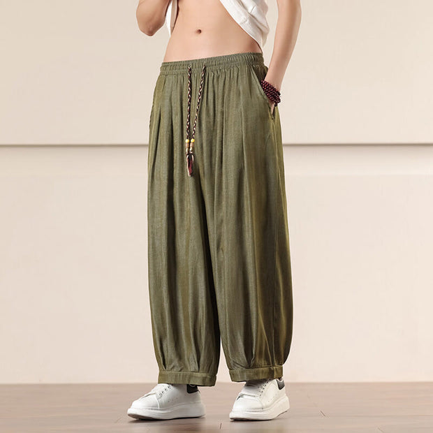 Buddha Stones Spring Solid Color Cotton Drawstring Men's Wide Leg Pants With Pockets