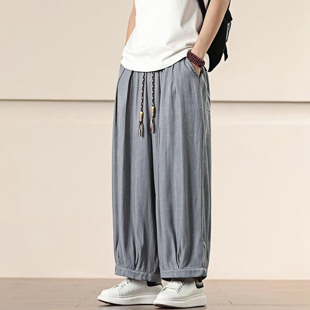 Buddha Stones Spring Solid Color Cotton Drawstring Men's Wide Leg Pants With Pockets