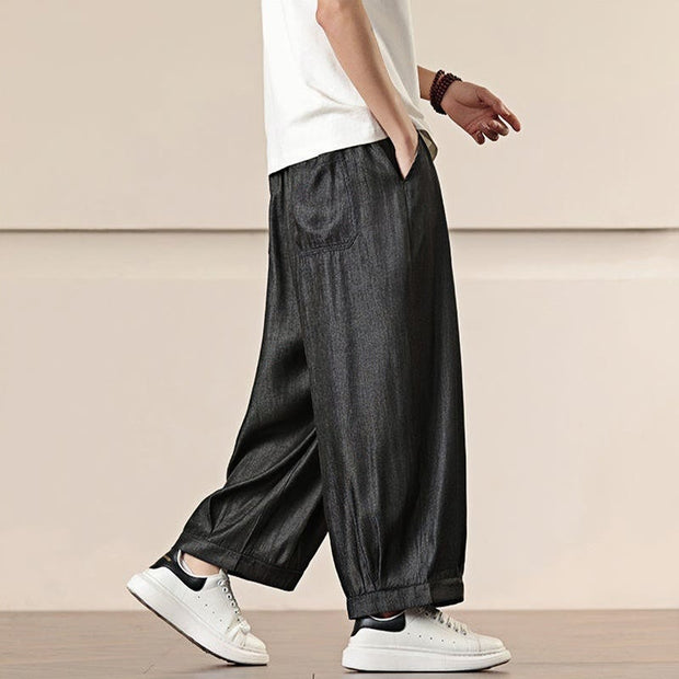 Buddha Stones Spring Solid Color Cotton Drawstring Men's Wide Leg Pants With Pockets