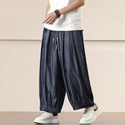 Buddha Stones Spring Solid Color Cotton Drawstring Men's Wide Leg Pants With Pockets