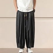 Buddha Stones Spring Solid Color Cotton Drawstring Men's Wide Leg Pants With Pockets