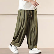 Buddha Stones Spring Solid Color Cotton Drawstring Men's Wide Leg Pants With Pockets