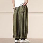 Buddha Stones Spring Solid Color Cotton Drawstring Men's Wide Leg Pants With Pockets