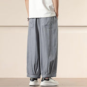 Buddha Stones Spring Solid Color Cotton Drawstring Men's Wide Leg Pants With Pockets