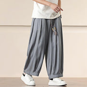 Buddha Stones Spring Solid Color Cotton Drawstring Men's Wide Leg Pants With Pockets