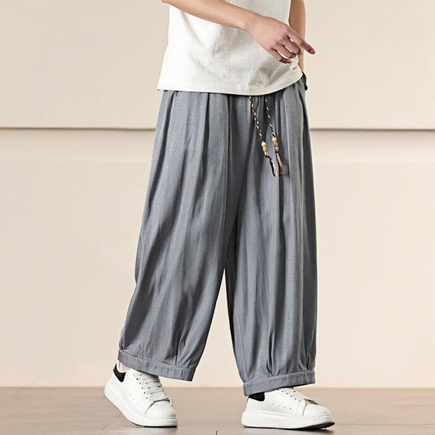 Buddha Stones Spring Solid Color Cotton Drawstring Men's Wide Leg Pants With Pockets