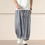 Buddha Stones Spring Solid Color Cotton Drawstring Men's Wide Leg Pants With Pockets