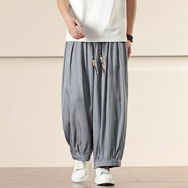 Buddha Stones Spring Solid Color Cotton Drawstring Men's Wide Leg Pants With Pockets