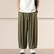 Buddha Stones Spring Solid Color Cotton Drawstring Men's Wide Leg Pants With Pockets