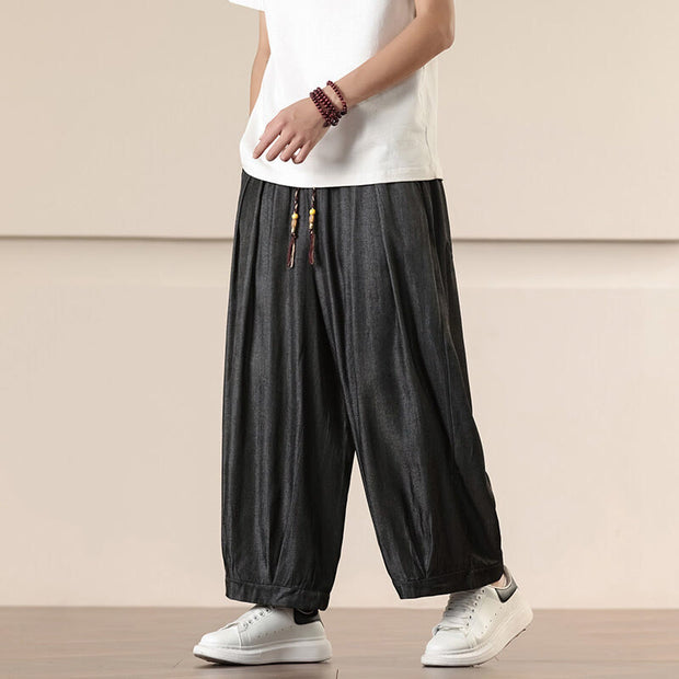 Buddha Stones Spring Solid Color Cotton Drawstring Men's Wide Leg Pants With Pockets