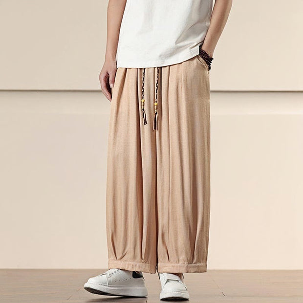 Buddha Stones Spring Solid Color Cotton Drawstring Men's Wide Leg Pants With Pockets