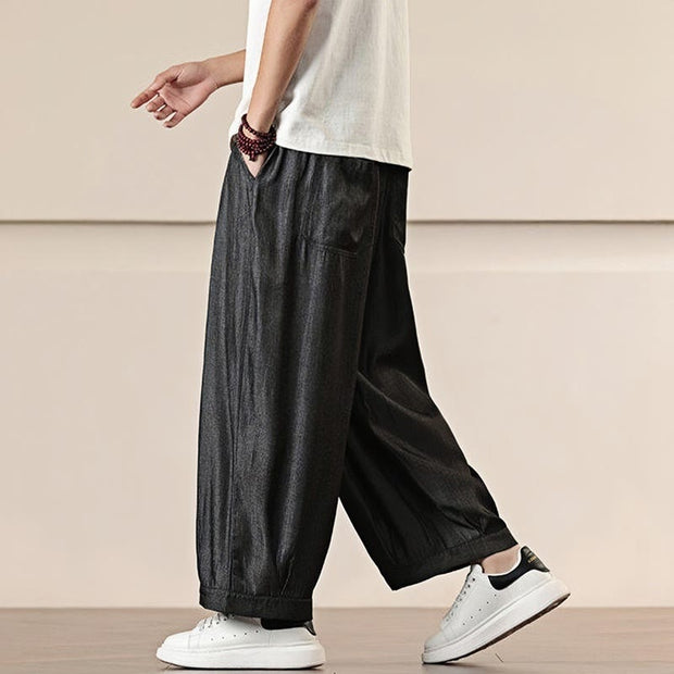 Buddha Stones Spring Solid Color Cotton Drawstring Men's Wide Leg Pants With Pockets