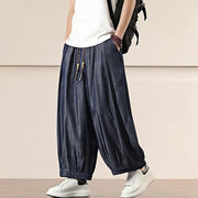 Buddha Stones Spring Solid Color Cotton Drawstring Men's Wide Leg Pants With Pockets