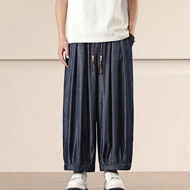 Buddha Stones Spring Solid Color Cotton Drawstring Men's Wide Leg Pants With Pockets