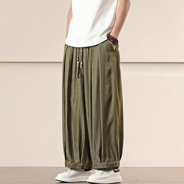 Buddha Stones Spring Solid Color Cotton Drawstring Men's Wide Leg Pants With Pockets