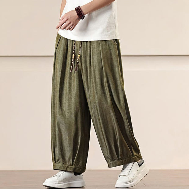 Buddha Stones Spring Solid Color Cotton Drawstring Men's Wide Leg Pants With Pockets