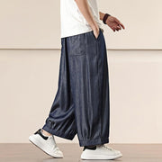 Buddha Stones Spring Solid Color Cotton Drawstring Men's Wide Leg Pants With Pockets