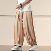 Buddha Stones Spring Solid Color Cotton Drawstring Men's Wide Leg Pants With Pockets