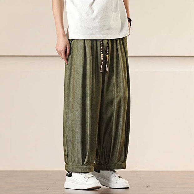 Buddha Stones Spring Solid Color Cotton Drawstring Men's Wide Leg Pants With Pockets