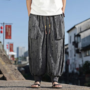 Buddha Stones Solid Color Hole Design Drawstring Cotton Men's Wide Leg Pants With Pockets