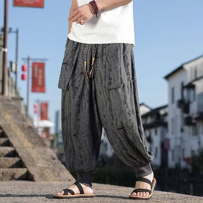 Buddha Stones Solid Color Hole Design Drawstring Cotton Men's Wide Leg Pants With Pockets