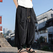 Buddha Stones Solid Color Hole Design Drawstring Cotton Men's Wide Leg Pants With Pockets