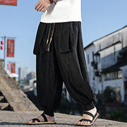 Buddha Stones Solid Color Hole Design Drawstring Cotton Men's Wide Leg Pants With Pockets